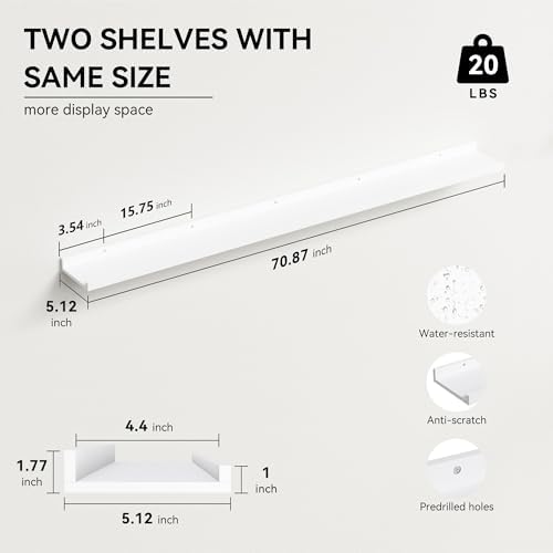 Boswillon Floating Shelves Set of 2, Long Wall Shelf with Lip, 72in, White
