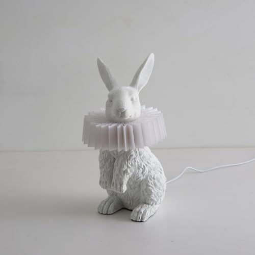 Cute Scarf Bunny Table Lamp, Resin Rabbit Nightstand Lamp with White Pleated PC Lampshade, USB Plug Energy Efficient LED Night Light, Kids Bedside Lamp for Bedroom Nursery Room Decor