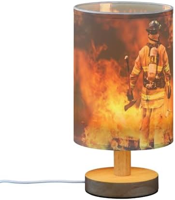 Table Lamp Firefighter in Fire Flame Nightstand Lamp with Wood Base Fabric Lamp Shade Bedside Desk Lamp for Living Room Bedroom Kids Room Office