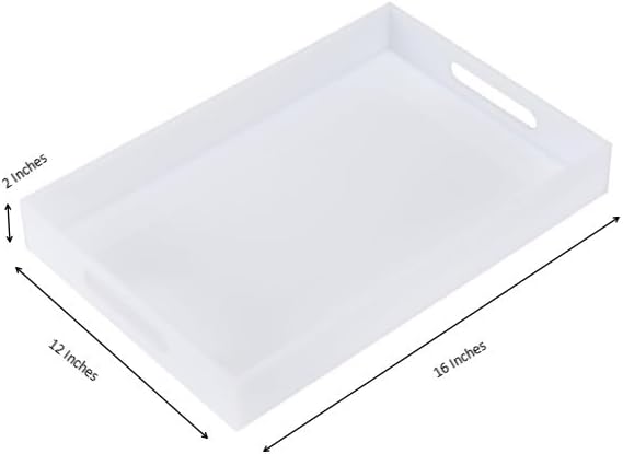 KEVLANG Glossy White Acrylic Serving Tray, 12x16Inch, Sturdy Kitchen Countertop Organizer, Decorative Vanity Table Tray, Ottoman Tray, 3/16 inch Thickness