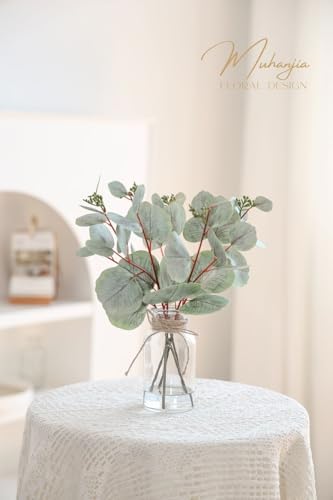 Muhanjia Artificial Eucalyptus Stems in Glass Vase with Faux Water,5Pcs Fake Plant with Double-Sided Leaves and Green Seeds for Centerpiece (Double-Sided Green Eucalyptus with Seed)