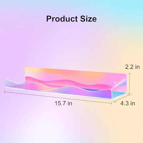 6 Pack Iridescent Acrylic Floating Shelves, 15.7" Clear Acrylic Display Shelves Bookshelf Wall Mounted, Bathroom Kids Room Home Storage Wall Decor Ledge Shelf for Skincare, Perfume, Nail Polish