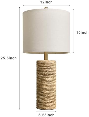 BOBOMOMO Boho Lamps Set of 2, 25.5" Coastal Farmhouse Bedside Lamps, Resin Woven Rattan-Look Nightstand Lamps with Linen Shade & Rotary Switch for Bedroom Living Room Home Decor