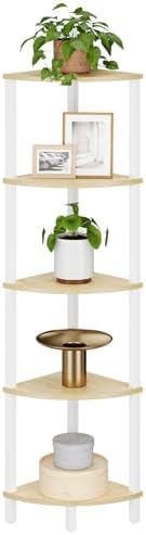 VIMBER Corner Shelf, 5-Tier Corner Bookshelf, Industrial Corner Ladder Shelf, Rustic Display Shelf for Living Room, Bedroom, Kitchen, Home Office, White and Nature Wood Color UJSJ001Q