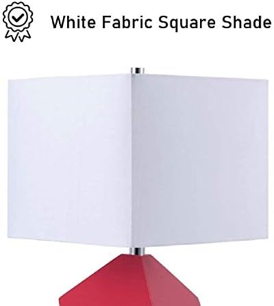 25" Table Lamp - Modern Irregular Geometric Style Wooden Base, White Square Fabric Shade, Contemporary Table Desk Lamp - Great for Living Rooms, Bedrooms, or Study Rooms (Red)