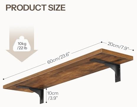HOOBRO Floating Shelves for Wall, 23.6" Wall Mounted Shelves Set of 2, Hanging Storage Shelf with Metal Brackets, Wooden Shelf for Living Room, Bedroom, Bathroom, Rustic Brown and Black BF62BJP201G1