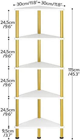 HOOBRO Corner Shelf Stand, Industrial 5-Tier Wall Corner Bookshelf with Metal Frame, Plant Display Shelf, Bookcase for Small Spaces, Bedroom, Living Room, White and Gold DW33CJ01