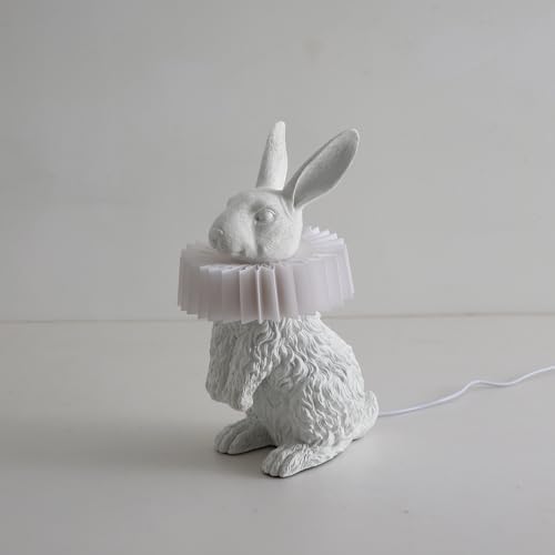 Cute Scarf Bunny Table Lamp, Resin Rabbit Nightstand Lamp with White Pleated PC Lampshade, USB Plug Energy Efficient LED Night Light, Kids Bedside Lamp for Bedroom Nursery Room Decor