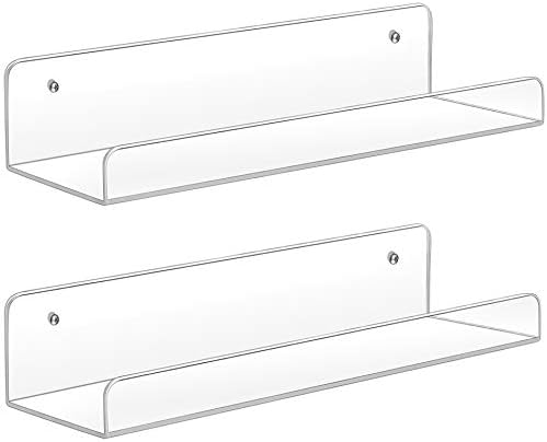 Sooyee Acrylic Shelves,2 Pack 15 Inch Floating Wall Shelves, Funko Pop Display Shelf,Invisible Kids Book Shelf,Picture Ledge Shelf Decor, Bathroom Wall Shelves,Clear