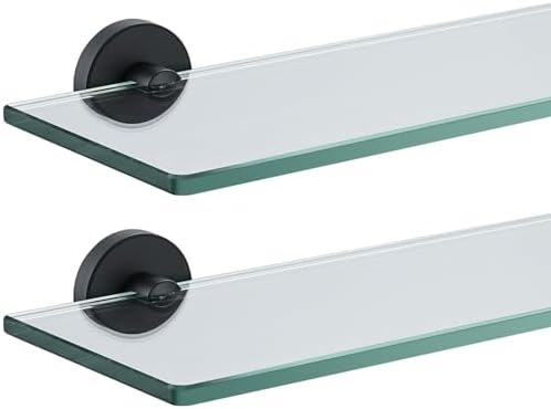 JQK Bathroom Glass Shelf Black, Tempered Glass Shower Storage 12 by 5 inches, 304 Stainless Steel Matte Black Wall Mount 2 Pack, TGS101L12-PB-P2