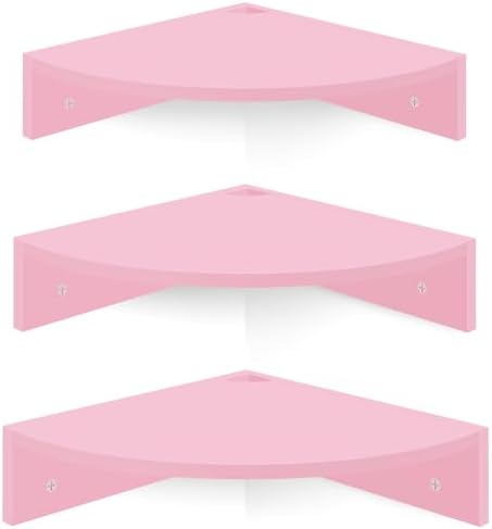 Homode Corner Shelf Wall Mount, Set of 3 Corner Floating Shelves with Cable Hole, 3 Tier Wood Corner Hanging Shelves, Living Room Bedroom Bathroom, Pink