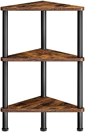 HOOBRO Corner Shelf Stand, Industrial 3-Tier Corner Bookshelf with Metal Frame, Plant Display Shelf, Small Bookcase for Small Spaces, Living Room, Rustic Brown and Black BF30CJ01