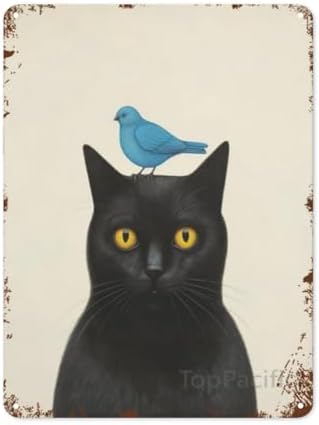 Funny Metal Tin Sign Cat With Blue Bird - Vintage Wall Art for Living Room, Bathroom, Kitchen - Humorous Home Decor Poster - Man Cave Decoration 12x8 Inches(4038)