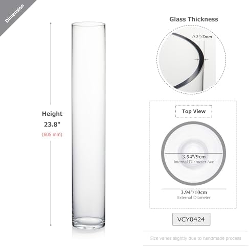 WGVI Quality Thick Weighted Tall Clear Cylinder Glass Vases, 4" W x 24" H, Flower Arrangement Floating Candle Holders Wedding Centerpieces Event Floral Tabletop Display Décor, Bulk Wholesale, 6 Pcs