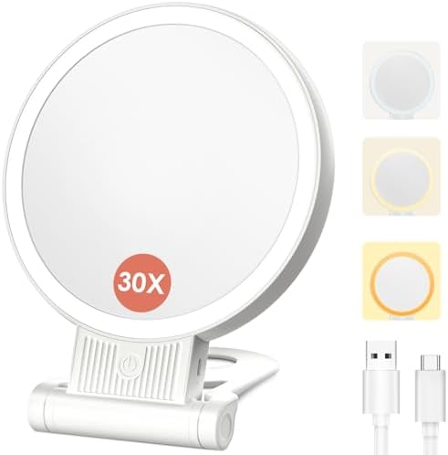 1X/30X Magnifying Mirror with Light and Adjustable Brightness, Makeup Mirror with 360° Rotation Adjustable Folding Handle, Portable Rechargeable Double Sided Mirrors, Foldable Vanity Mirror (white)