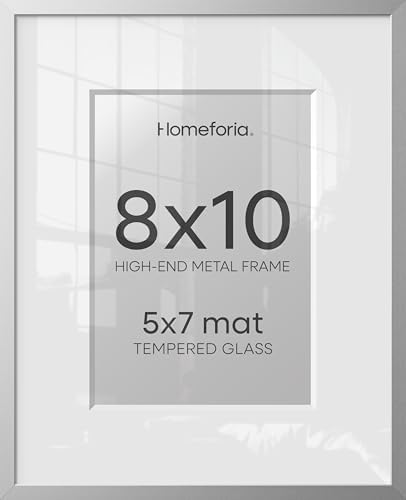 Homeforia 8x10 Silver Picture Frame, High-End Metal, 5x7 Mat, Glass