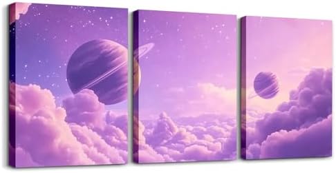 Feelyou Purple Galaxy 3 Piece Canvas Wall Art for Living Room Bedroom Starry Solar System Wall Art for Home Decor 3D Printed Space Office Decor Artwork Dreamy Nebula Picture Painting Posters