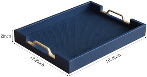 HofferRuffer Faux Leather Rectangle Serving Tray Decor Platter with Gold Metal Handles for Coffee Table, Breakfast, Tea, Food, Countertop, Kitchen, Butler Tray, 16.2 x 12.2 x 2 inches (Navy Blue)
