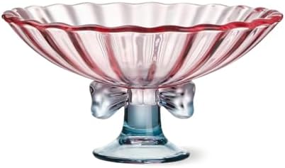 Glass Fruit Bowl. 9 inch Glass Pedestal Bowl. Elegant Bow Decoration Multicolor Salad Plate. Suitable for Fruit, Dessert, Candy, Snack & More. (Pink & Blue)