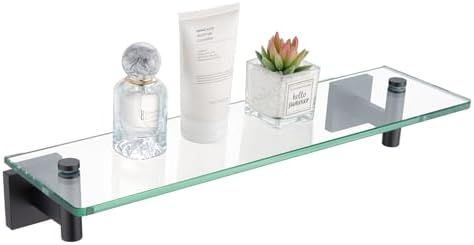 KOKOSIRI Bathroom Shelves Glass Floating Shelf 16-Inch for Bedroom, Living Room, Kitchen, Small Hanging Rack Rustproof Wall Mounted Black B1105BK-L16