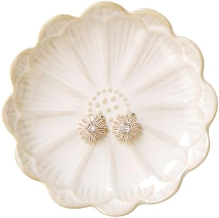 Lotus Ring Holder Dish Small Indoor Ash Tray, Ceramic Dessert Plate Trinket Jewelry Holder Organizing Necklace Earrings for Parents Friends Sister, White. All Jewelries Are NOT Included.