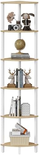 Corner Shelf, 6-Tier Corner Bookshelf, Industrial Corner Ladder Shelf, DIY Storage Shelves, Rustic Display Shelf for Living Room, Bedroom, Kitchen, Home Office, White and Nature Wood Color UJSJ004Q
