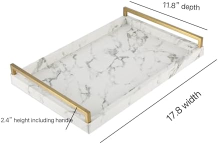 17.8 * 11.8" White PU Leather Marble Finish Decorative Tray Serving Tray with Brushed Gold Handle for Coffee Table, Console Table, Ottoman