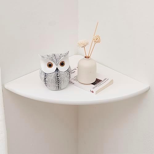 Corner Shelf, White Solid Oak Wood Floating Corner Shelves Wall Mount Round End Floating Speaker Rack Display Shelf for Small Plant Photo Frame (White, 13.8in)