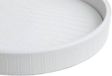 HofferRuffer Faux Leather Round Serving Tray, Vegan Croco Leather Decorative Food Tray for Storage Drinks, Snack & Cosmetics, Dia.12'' x 1.6'' (White Croco, 12'')