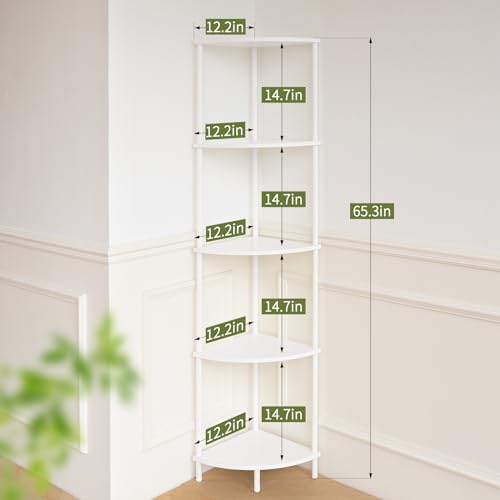 Yoobure Corner Shelf Stand, 5-Tier Bookshelf, 65" Tall Shelves for Bedroom, Living Room, Narrow Display Shelf Bookcase, White Book Shelf with Display Shelves for Office