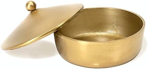Red Co. 7” Dia Round Antique Decorative Textured Metal Bowl with Dome Knob Lid, Gold