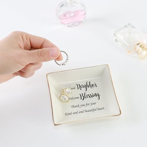 HOME SMILE Jewelry Tray, Ceramic Ring Dish - A Good Neighbor is a Welcome Blessing - Housewarming, Women Gift