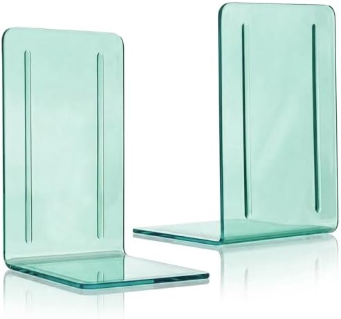 Acrimet Bookends 1 Pair, Clear Plastic Bookends for Shelves or Desktop, Book Holder for Home, Office, Library, School (Clear Green Color)
