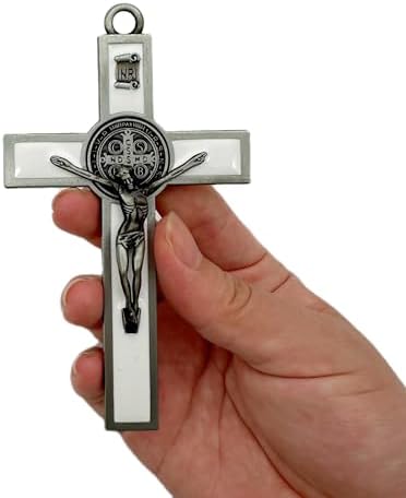 BONITTER Antique Silver Crucifix Wall Cross-St. Benedict Metal Wall Art-5.0 InchX2.7 Inch Black White Brown Enamel Give Blessing and The Spiritual Sacred:Faith Gift for your Acquaintances (White)