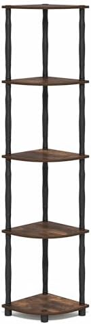 Furinno Turn-N-Tube Storage Shelves, 5-Tier Corner Book Shelf, Standing Corner Shelf, Toolless Open Shelves, Classic Tubes, for Organization and Storage, Living Room, Home Office, Amber Pine