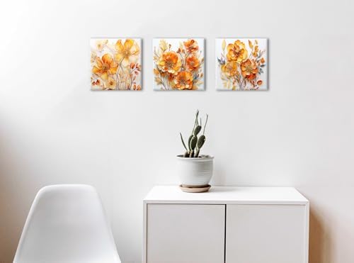 Orange Wall Art Bathroom Decor Fall Flower Pictures Wall Decor for Bedroom | Abstract Poppy Canvas Prints Nature Burnt Orange Floral Wall Pictures for Living Room Botanical Wildflower Prints 12x12" 3Pcs