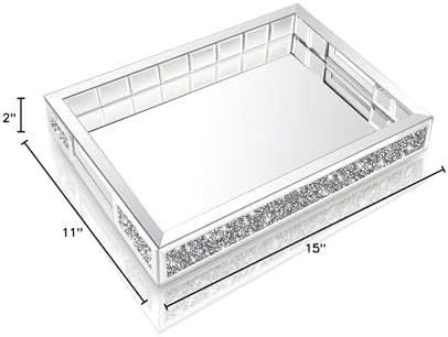 Wocred Mirror Jewelry Organizer Upgrades fits Dresser Bedroom,Crushed Diamond of Each Side Bathroom Tray with Handles,Decorative Serving Tray for Coffee Table Decor(11'x15'x2')