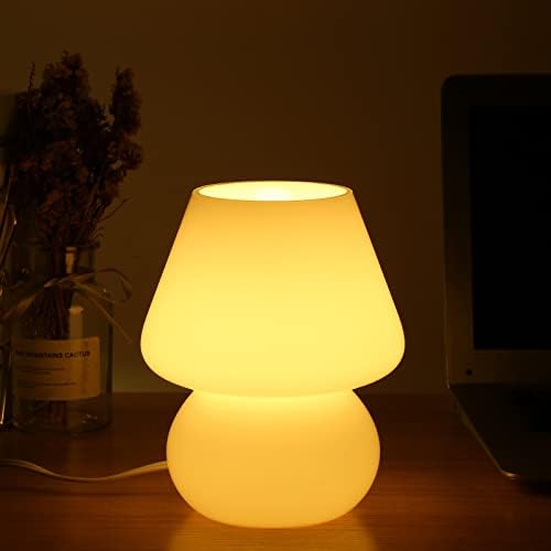 BSOD Mushroom lamp,Glass Mushroom Bedside Table Lamp Translucent Murano Vintage Style Striped Small Nightstand Desklamp Swirl Light for Home Decor, Dining, Living, Bedroom, Gift (Matte White)