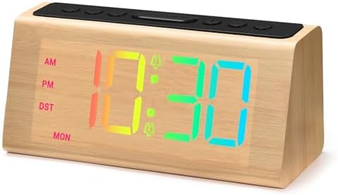 Cadmos Wooden Dynamic RGB Digital Alarm Clock for Bedroom,Dual Alarm with Large Numbers,Loud Adjustable Volume for Heavy Sleepers,Snooze,DST,Wood Decor,Bedside & Desk Use(Bamboo - RGB Digits)