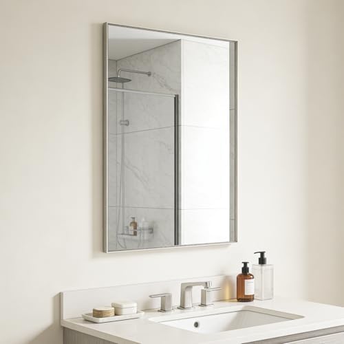 Bathroom Mirror for Wall, 36x24 Inch Framed Vanity Mirror Brushed Nickel | Rectanglar Metal Beveld Framed Mirror for Over Sink, Tempered Glass, Anti-Rust, Hangs Horizontally or Vertically