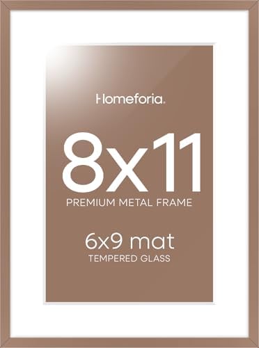 Homeforia 8x11 Mocha Picture Frame, High-End Metal, 6x9 Mat, Glass