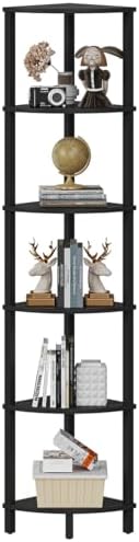 VIMBER Corner Shelf, 6-Tier Corner Bookshelf, Industrial Corner Ladder Shelf, DIY Storage Shelves, Modern Display Shelf for Living Room, Bedroom, Kitchen, Home Office, Black UJSJ004B