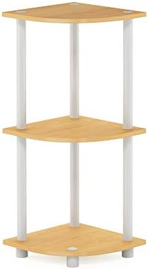 Furinno TURN-N-TUBE Corner Shelf, 3-Tier Corner Bookshelf, Display Storage Shelves with Open Shelves, for Organization and Storage, Living Room, Home Office, Garage, Beech