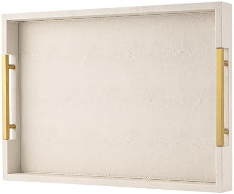 Beige Faux Leather Serving Tray with Handles – Large Decorative Tray for Coffee Table, Ottoman, Living Room, Bathroom – Home Decor