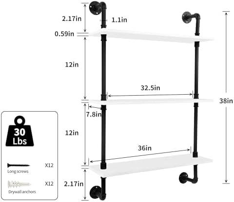 3-Tier Industrial Pipe Floating Shelf – Rustic 36 inch Wood Wall-Mounted Storage Shelf for Kitchen Office,Bathroom & Home Decor -White