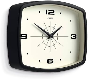 JONES CLOCKS® Movie wall Clock | Rectangular Retro Clock | 10" | Black | Cool mid-Century Designer Look for Kitchen, Living Room or Office
