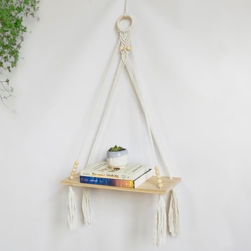 LB Macrame Wall Hanging Shelf, Boho Macrame Wall Decor for Bedroom Living Room Nursery Bathroom, Bohemian Wooden Display Floating Shelves for Wall Decor with Handmade Woven Rope for Plant, 30"L x 16"W