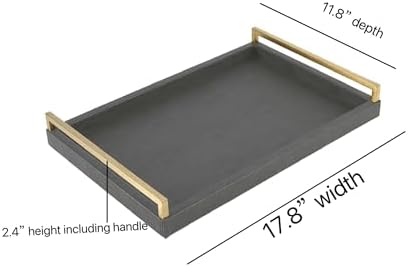 17.8 * 11.8" Grey Shagreen Large Serving Tray with Brushed Gold Handle,Faux Leather Home Decorative Tray, Coffee Table Tray for Living Room, Dinning, Vanity （Grey
