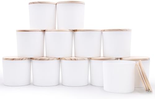 SHOWIN 12 OZ Thick Candle Jars for Making Candles 12 Pcs, Empty Jars with Wood Lids for Spice Jars, Sample Container, Matte White