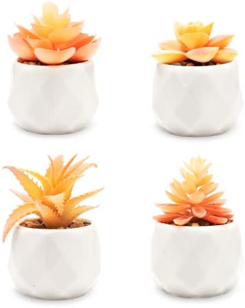 VIVERIE Mini Orange Artificial Succulent in Pots (White Ceramic, 4 Pot Set) Fake Plants for Indoors, Office Home Halloween/Christmas Decor Gifts-Faux Plant Gifts for Women